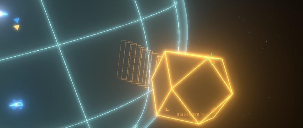 A wireframe Coriolis station in orbit above a glowing planet