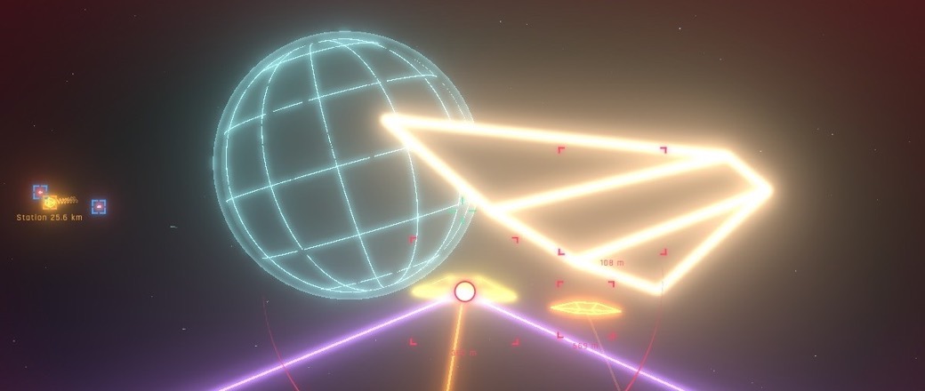 A pirate dogfight in orange and violet laser fire